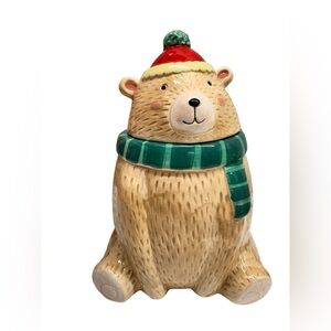Festive Bear Ceramic Treat Jar with Green Scarf and Red Hat